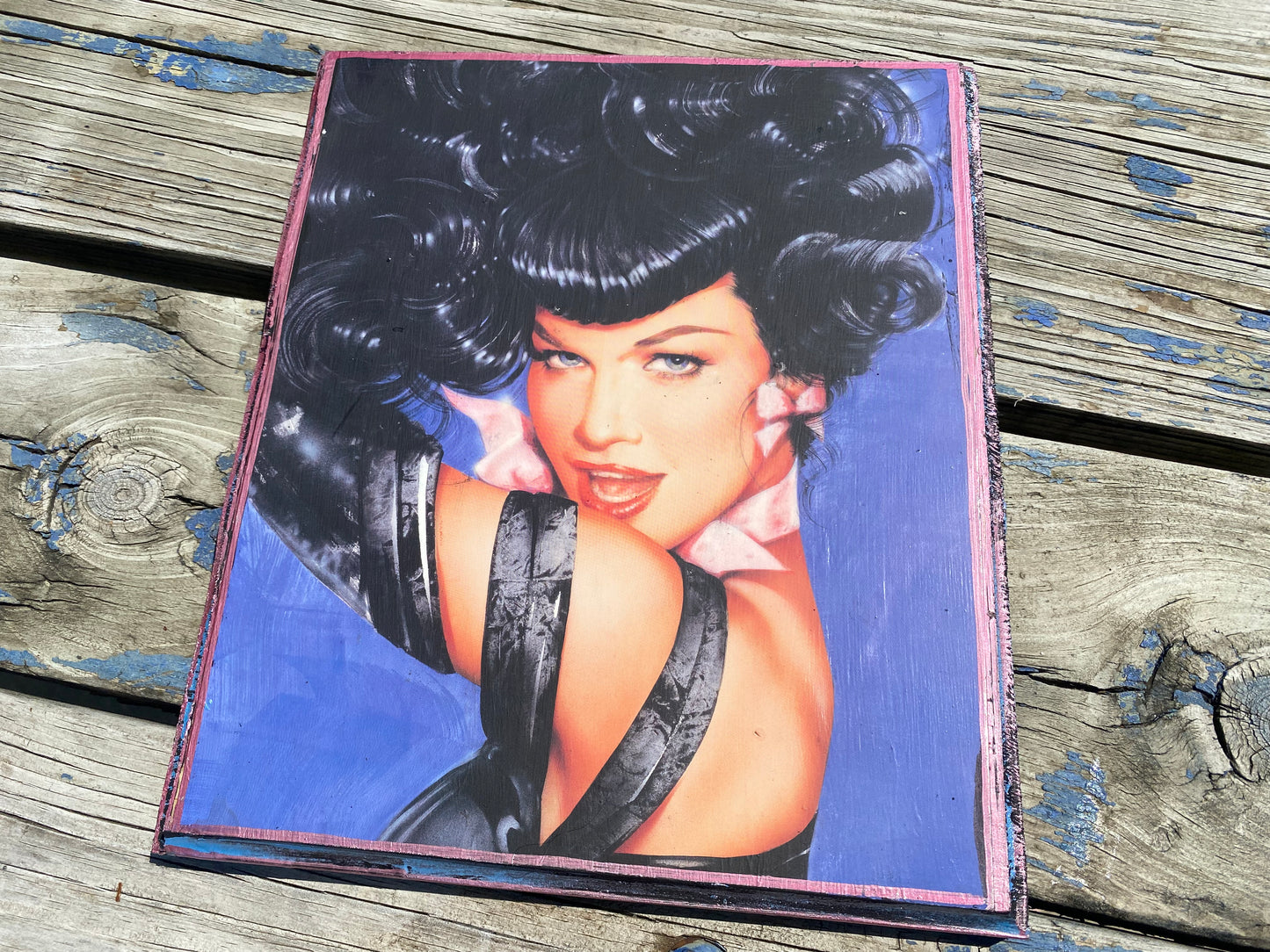 Bettie page Olivia DeBeradinis pin up girl solid wood framed art plaque 12x9