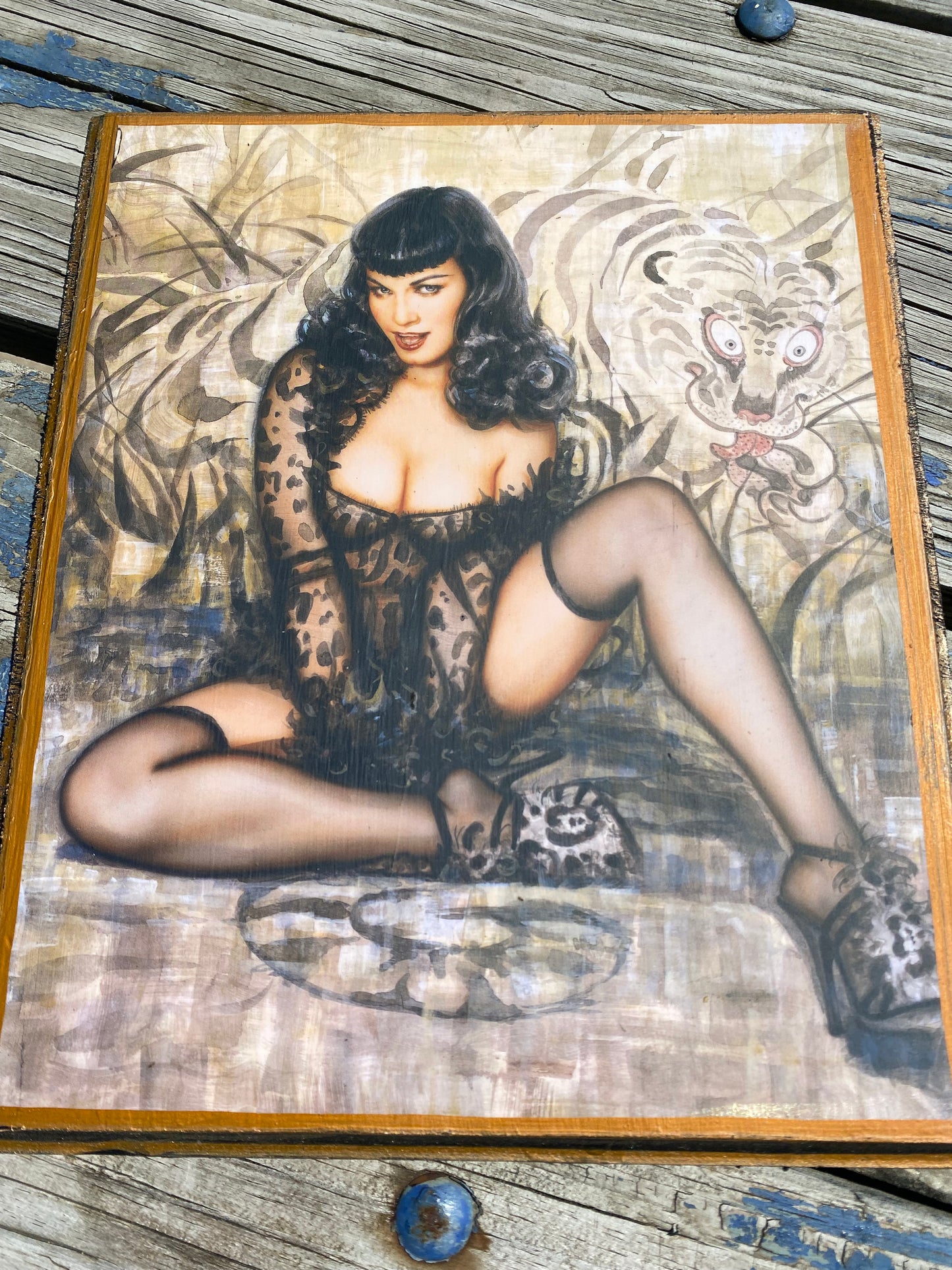 Bettie page Olivia DeBeradinis pin up girl solid wood framed art plaque 12x9