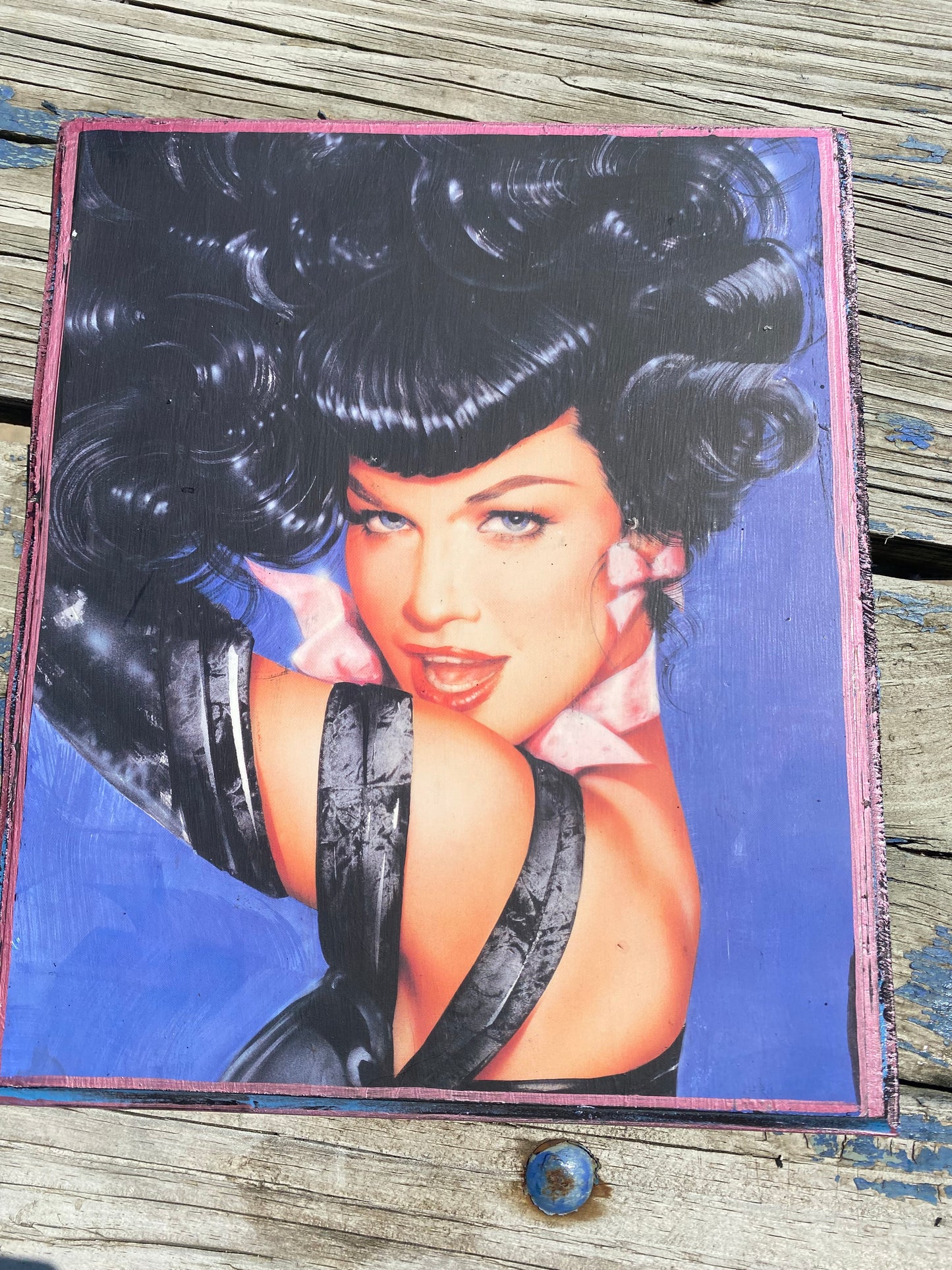 Bettie page Olivia DeBeradinis pin up girl solid wood framed art plaque 12x9