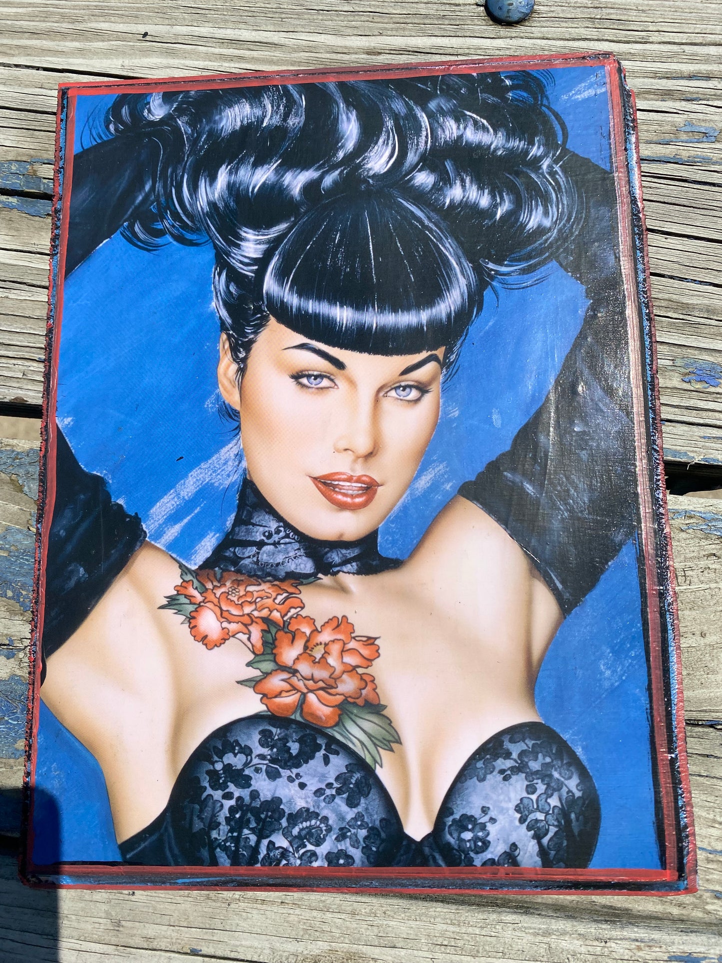 Bettie page Olivia DeBeradinis pin up girl solid wood framed art plaque 12x9