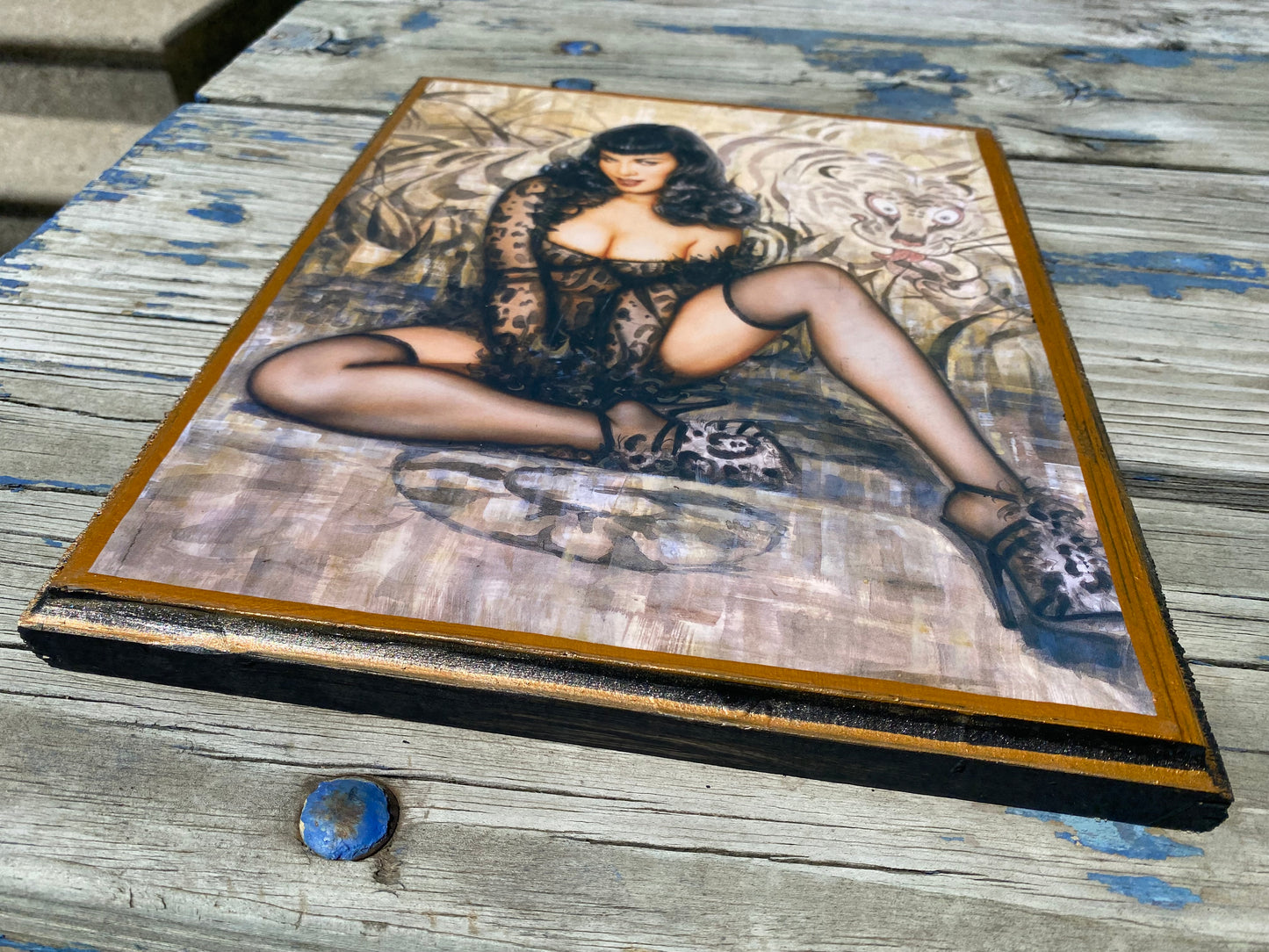 Bettie page Olivia DeBeradinis pin up girl solid wood framed art plaque 12x9