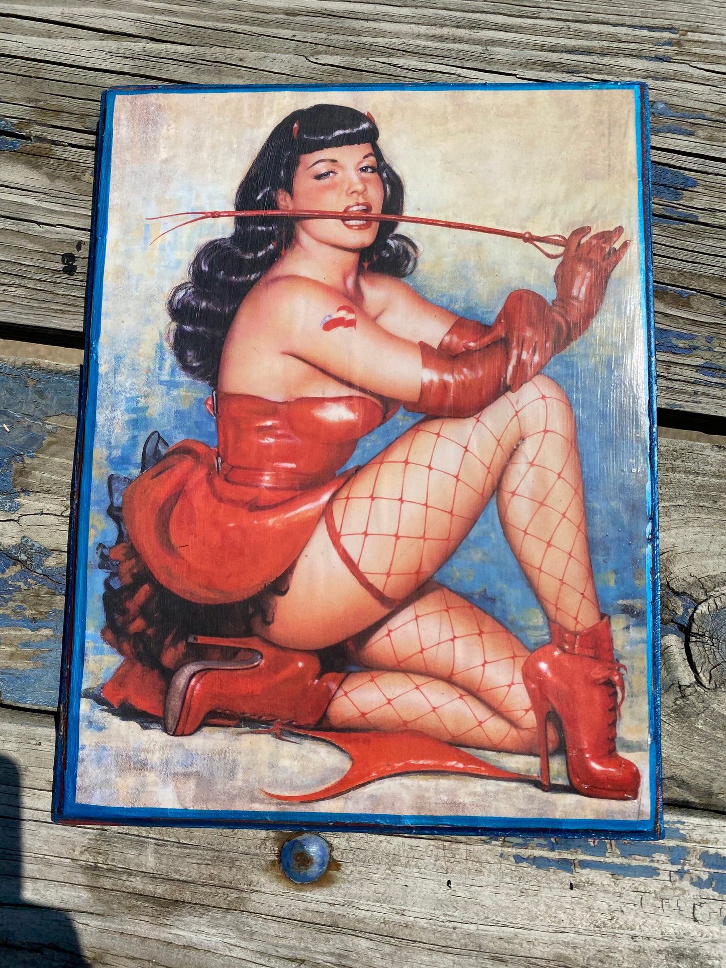 Bettie page Olivia DeBeradinis pin up girl solid wood framed art plaque 12x9