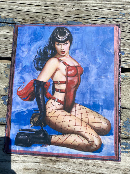 Bettie page Olivia DeBeradinis pin up girl solid wood framed art plaque 12x9