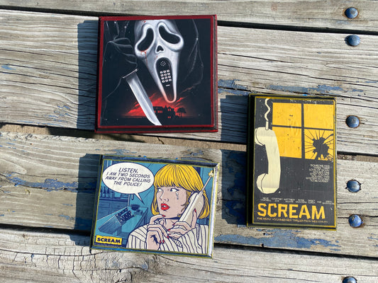 Scream 3 pack movie, mini poster, handmade solid wood framed art plaque set of 3: