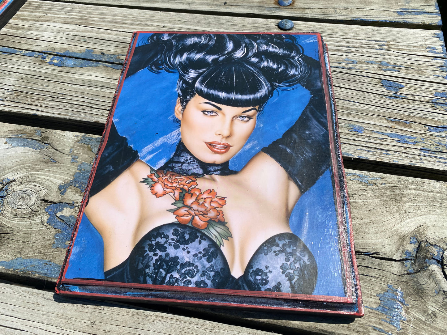 Bettie page Olivia DeBeradinis pin up girl solid wood framed art plaque 12x9