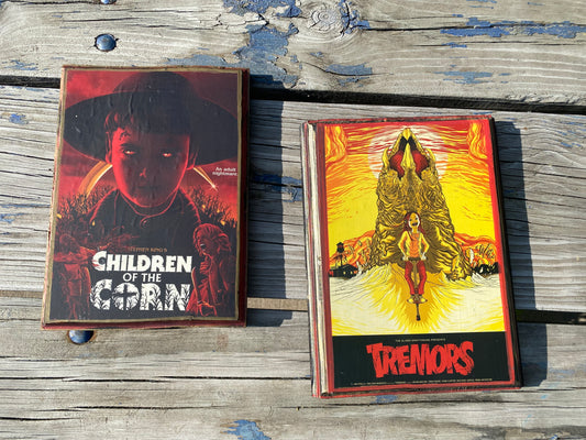 Children of the Corn, Tremors movie, mini poster solid wood framed art plaque 9 x 7 set of two ￼