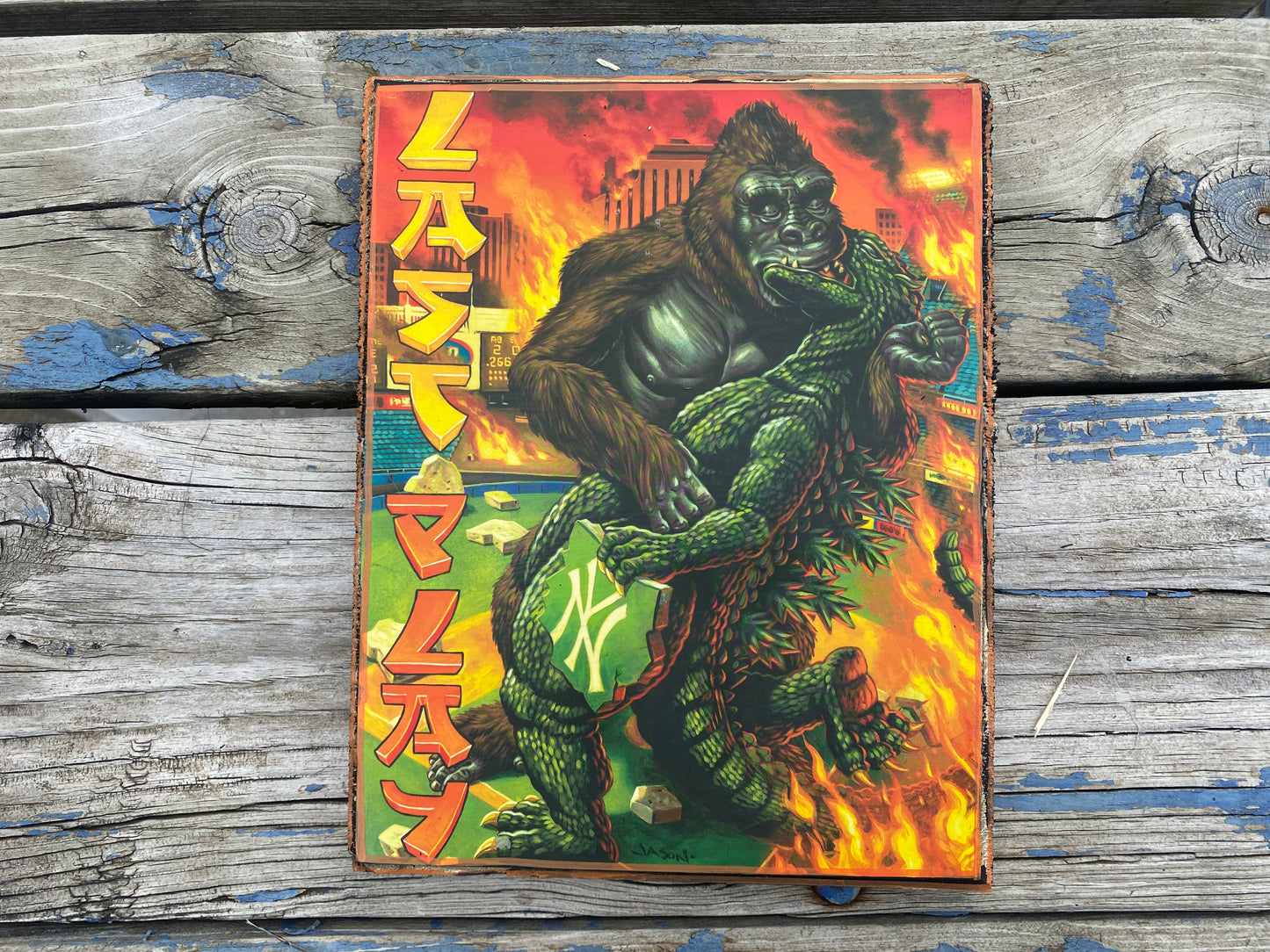 Godzilla Kong kissing Handmade Wood Art Plaque 12x9