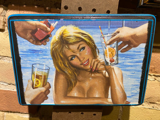 SALE: Half-off Mort Kunstler pin up handmade wood art plaque 9x7